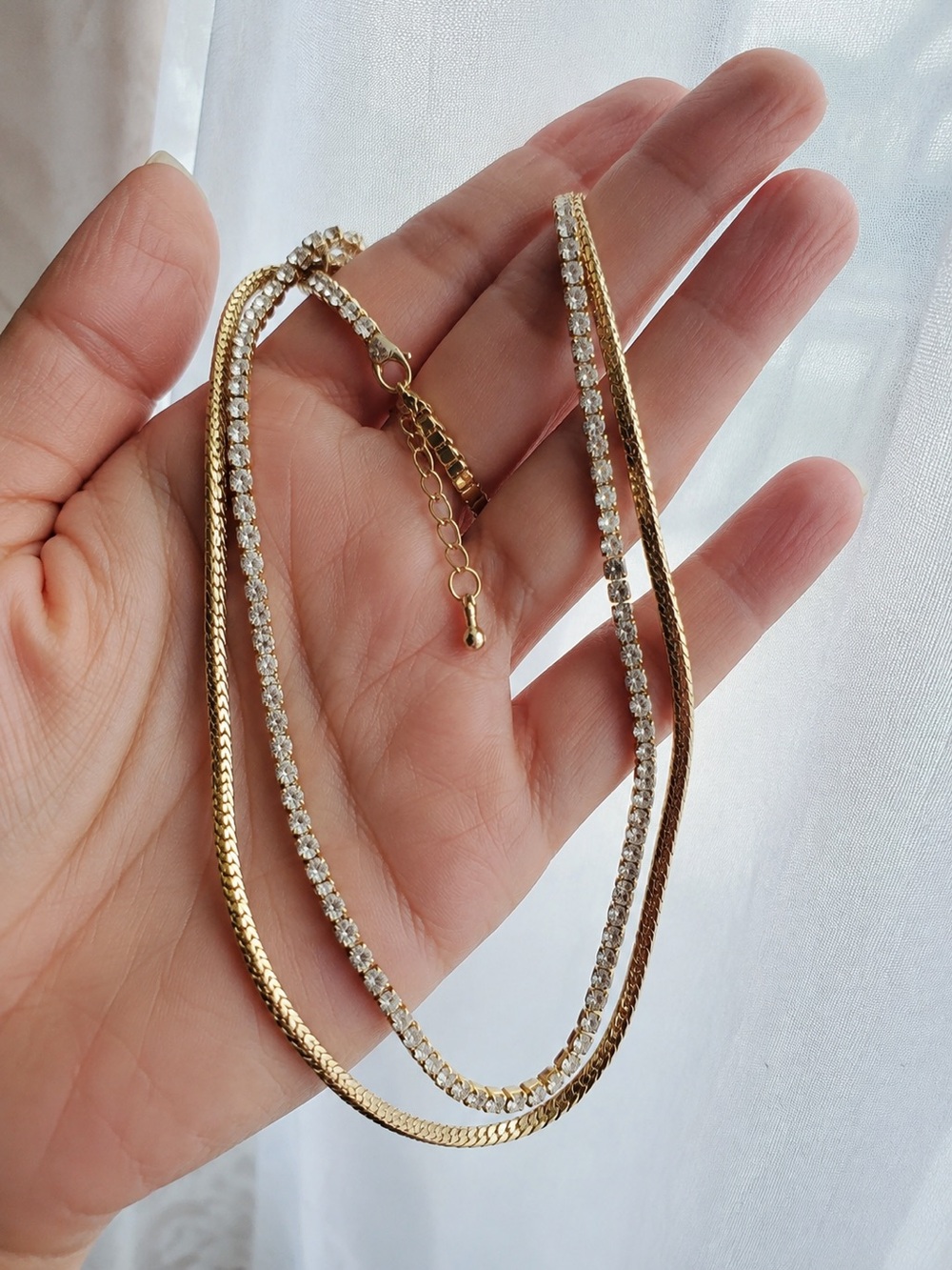 Gold Tone Layered Herringbone & Tennis Chain Necklace Clear Crystal CZ
